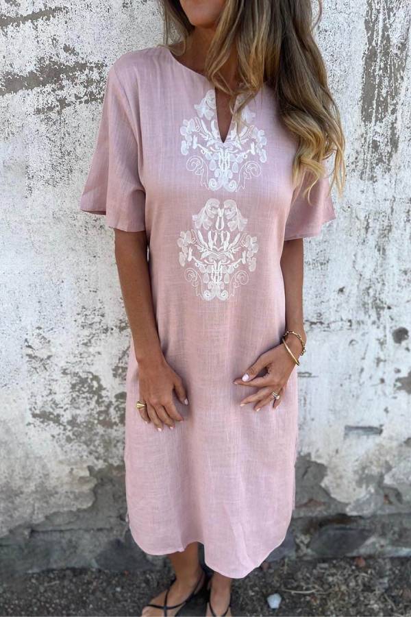 MW | Bohemian Print Leinen Lose Midi-Kleid