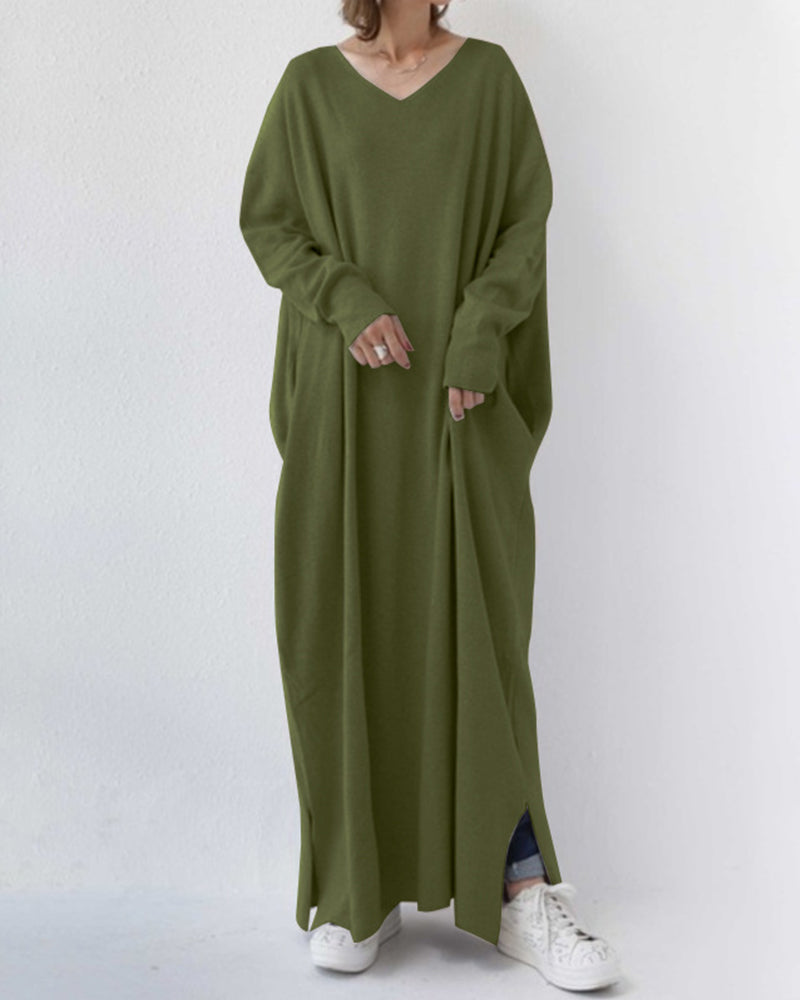 MW | stylisches langärmeliges Maxikleid mit V-Ausschnitt für den Alltag