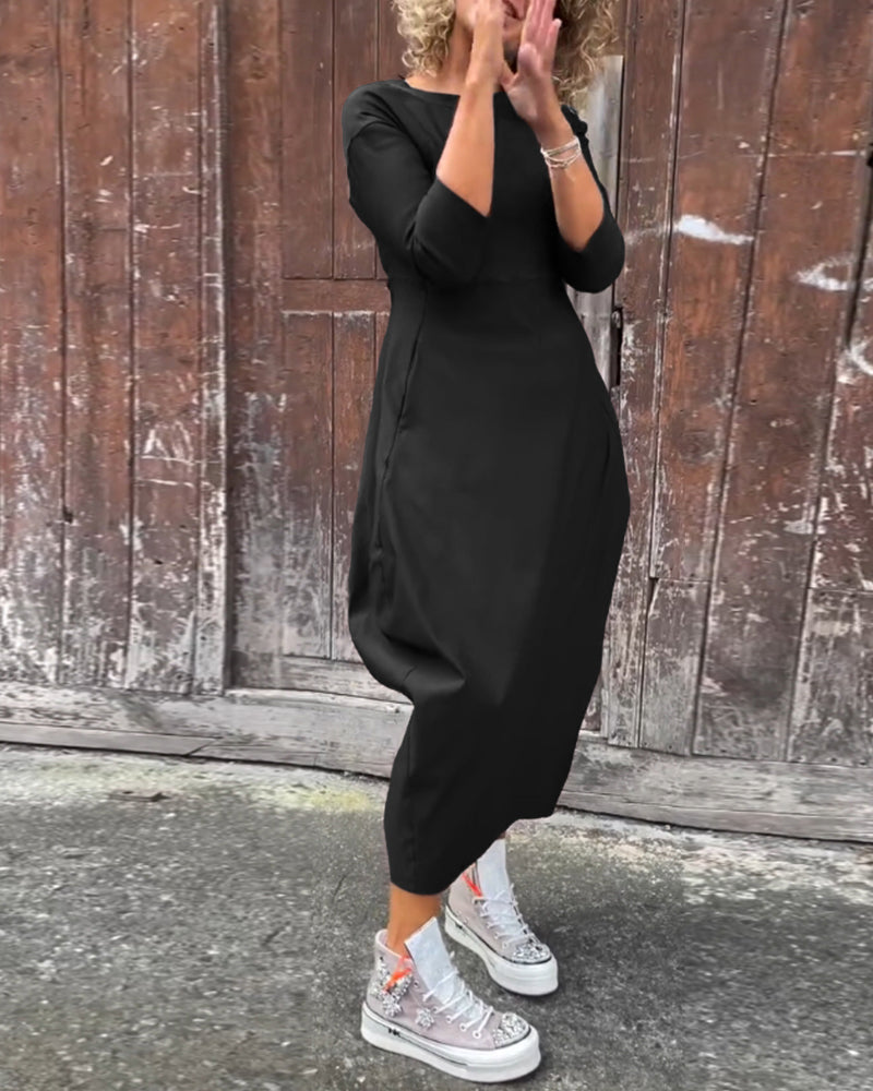 MW | Einfaches einfarbiges Kleid mit langen Ärmeln und Taschen