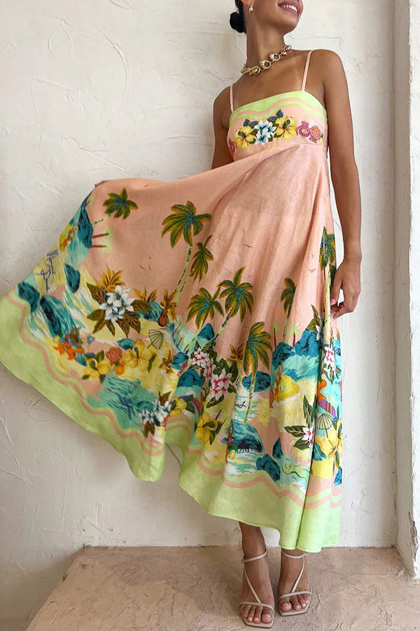 MW | Coconut Scenery Leinenmischung Tropical Print Smocked Back Midi Kleid