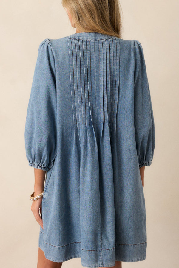 MW | Fate Would Have It Denim Verspielte Falten Tasche A-Linie Minikleid