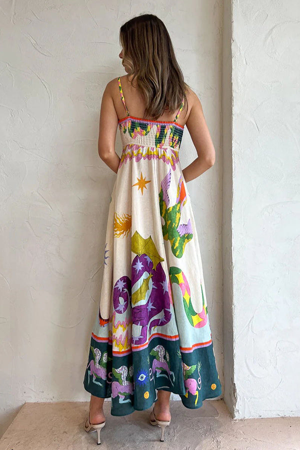 MW | Feel Effortlessly Leinenmischung Einzigartiger Druck Smocked Back Midi Kleid