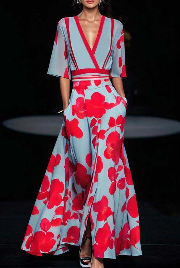 MW | Blaues Maxikleid mit Blumenmuster und V-Ausschnitt für Frauen
