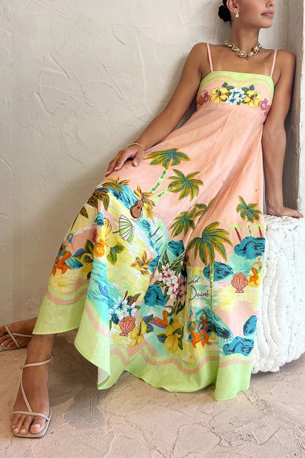 MW | Coconut Scenery Leinenmischung Tropical Print Smocked Back Midi Kleid
