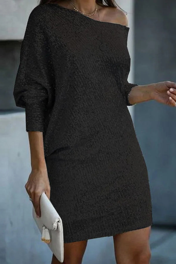 MW | Solid Pailletten Off-shoulder Lose Mini Kleid