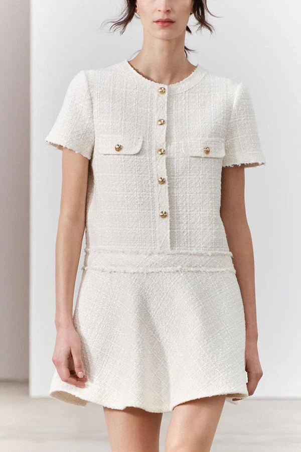 MW | 1960er Jahre London Girl Tweed texturiert Gold Knopf Kurzarm Pocketed Mini Kleid