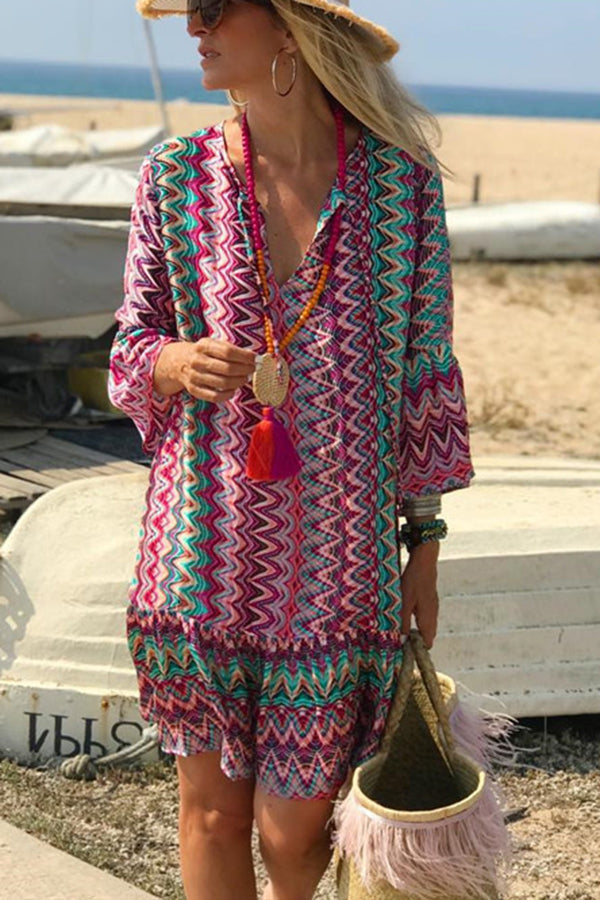 MW | Hailee Bunte Wasser Ripple Print Casual Strand Minikleid