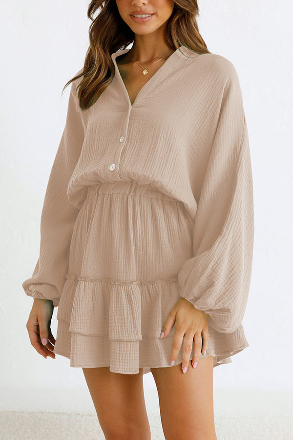 MW | Knopf Langarm Lose Shirt Kleid Elastische Taille Rüschenrock