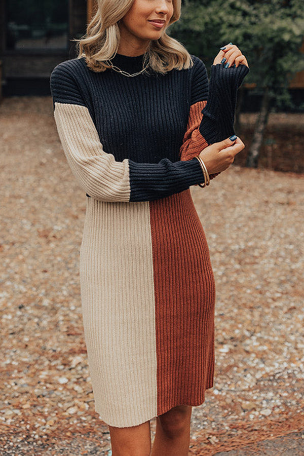MW | Winter Latte Knit Farbe Block Mock Ausschnitt Pullover Mini Kleid