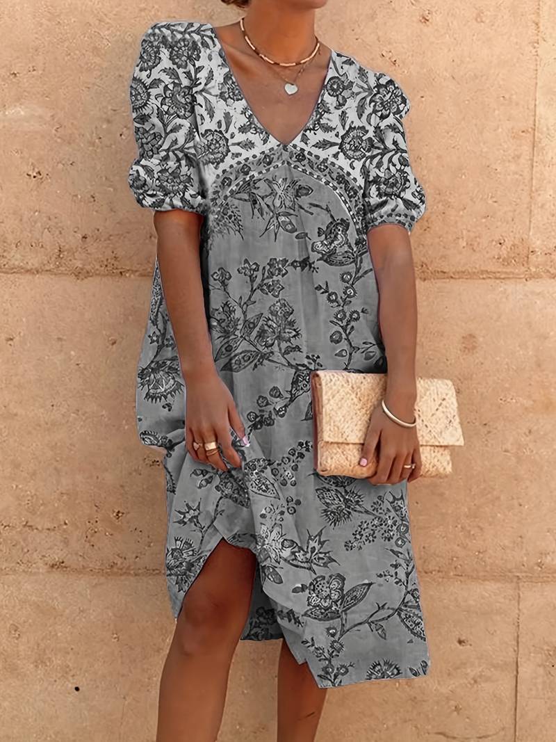 MW | Abida Mehrfarbiges Kleid mit Puffärmeln und V-Ausschnitt