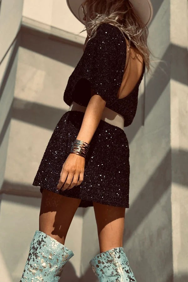 MW | Night Moves Pailletten Stoff kurze Ärmel rückenfrei H-Linie Minikleid