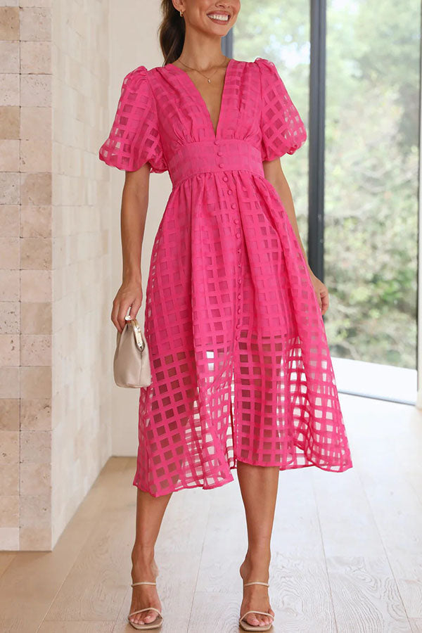 MW | Remarkable Beauty Quadratisch Gemusterter Stoff Puffärmel Party Midi Kleid