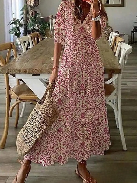 EM | Delia – Damenkleider Langes Kleid mit V-Ausschnitt, halblangen Ärmeln und aufgedrucktem Bart