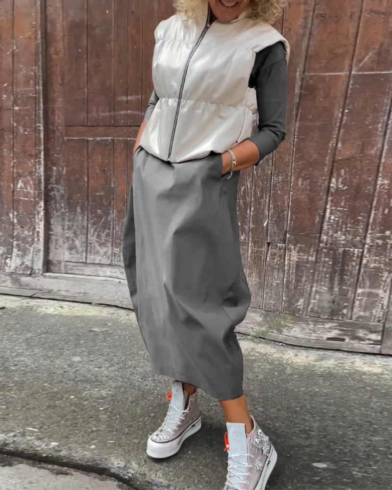 MW | Einfaches einfarbiges Kleid mit langen Ärmeln und Taschen