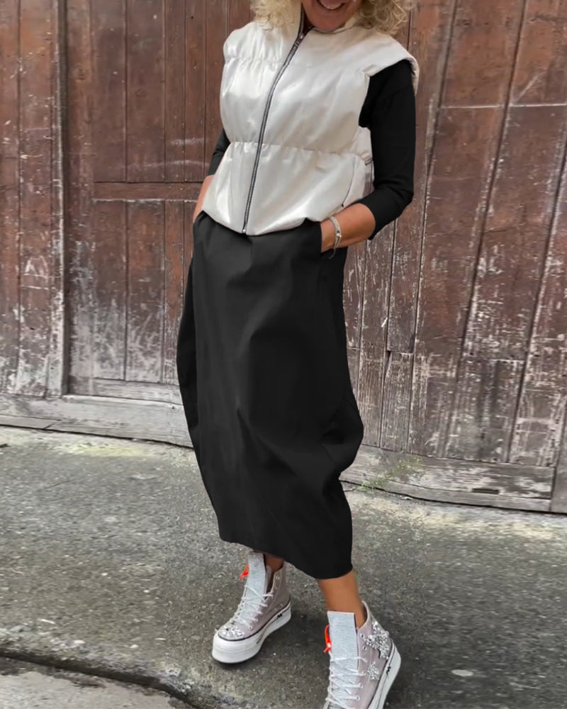 MW | Einfaches elegantes Kleid mit langen Ärmeln und Tasche in einfarbig