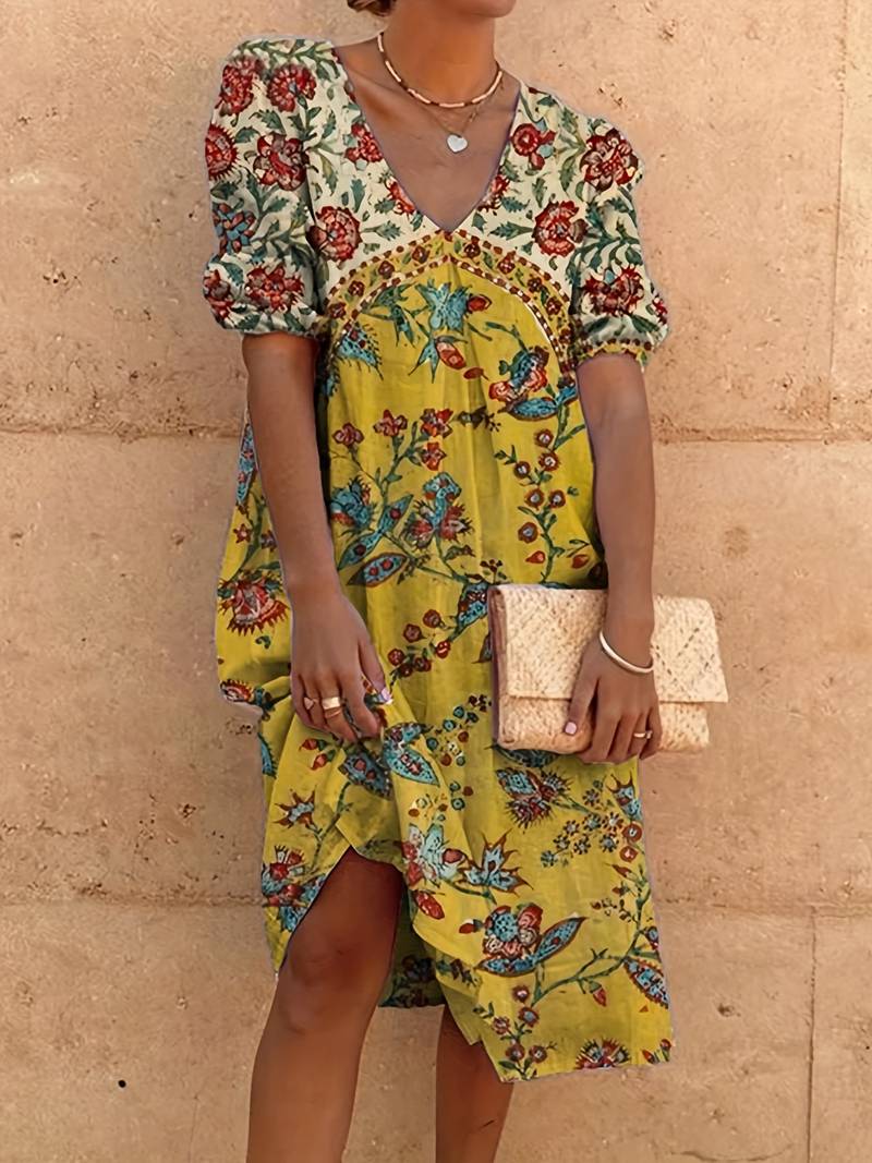 MW | Abida Mehrfarbiges Kleid mit Puffärmeln und V-Ausschnitt