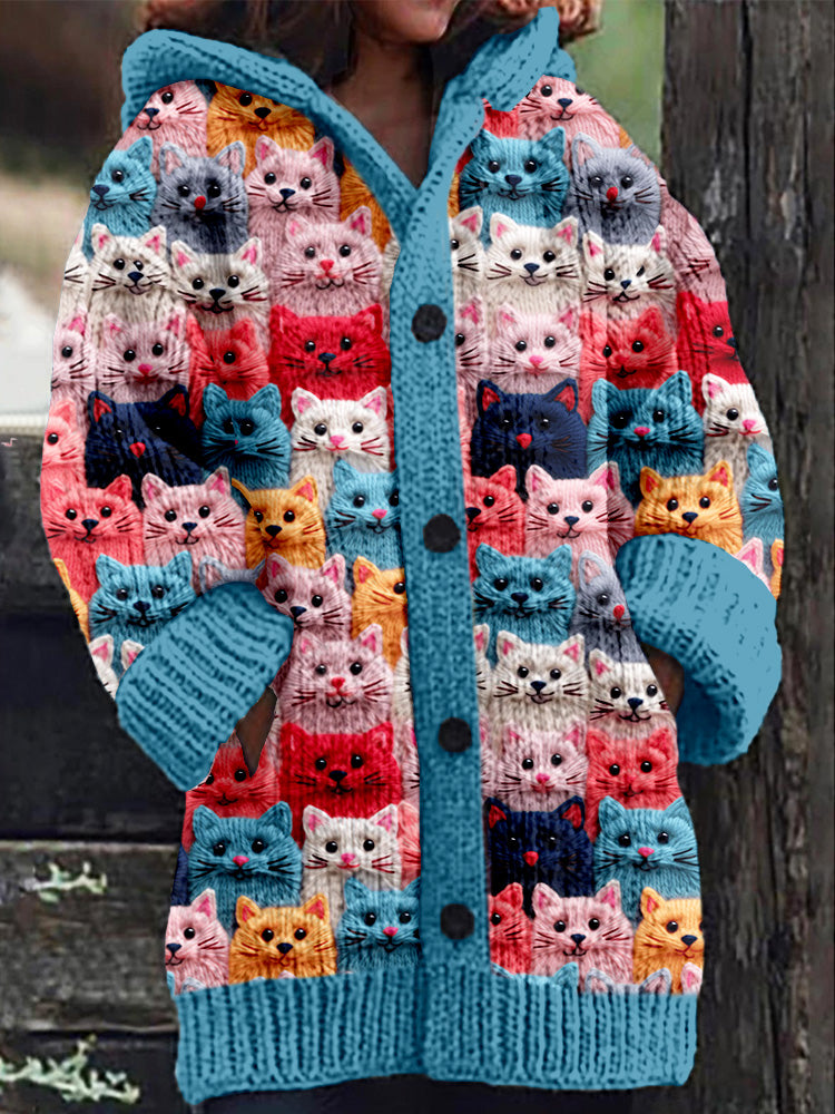 EM | Gestrickter Mantel mit Knopfleiste und verspieltem Katzenprint