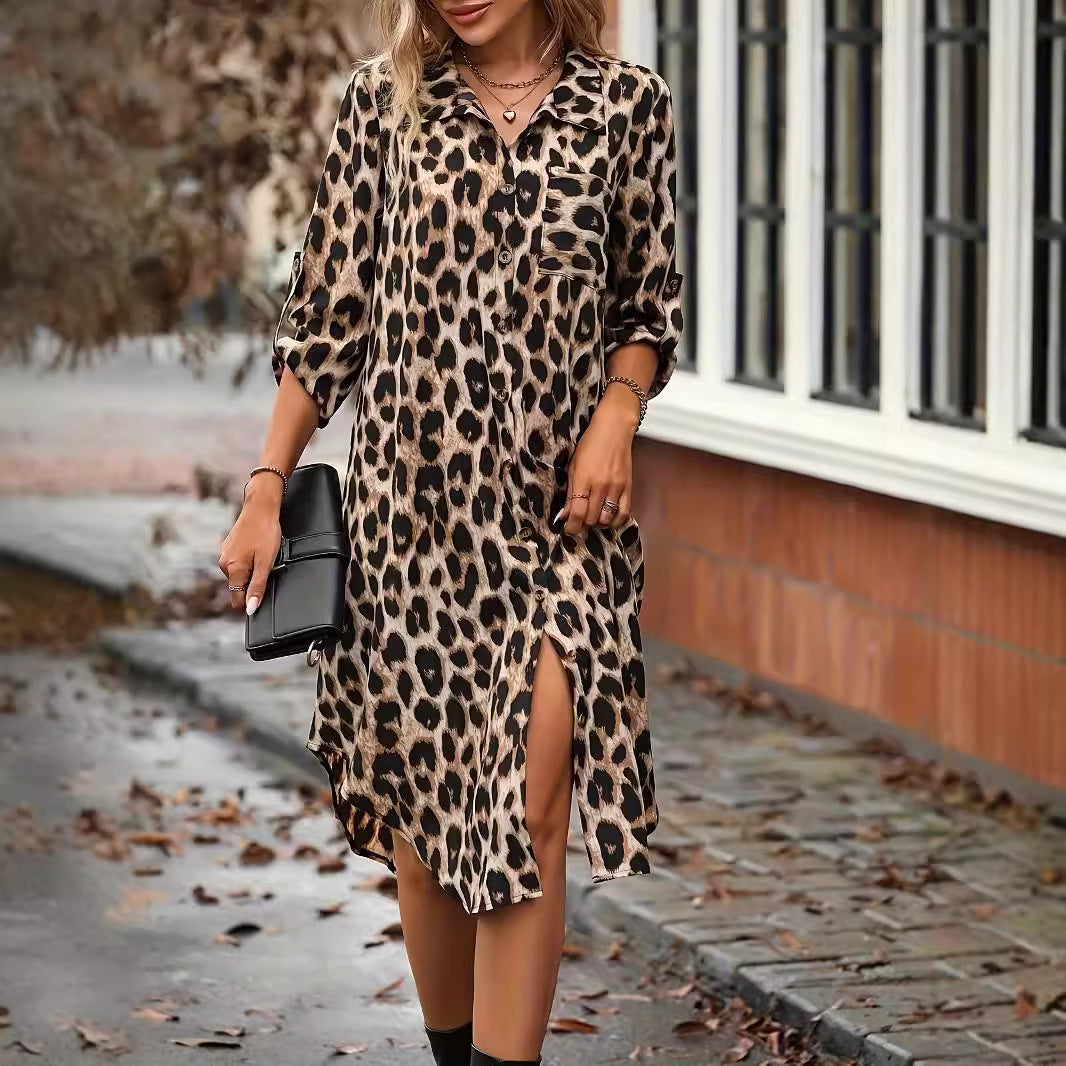 MW | Leopard Print Beach Cover-up V-Ausschnitt Robe Urlaub Bikini Kleid