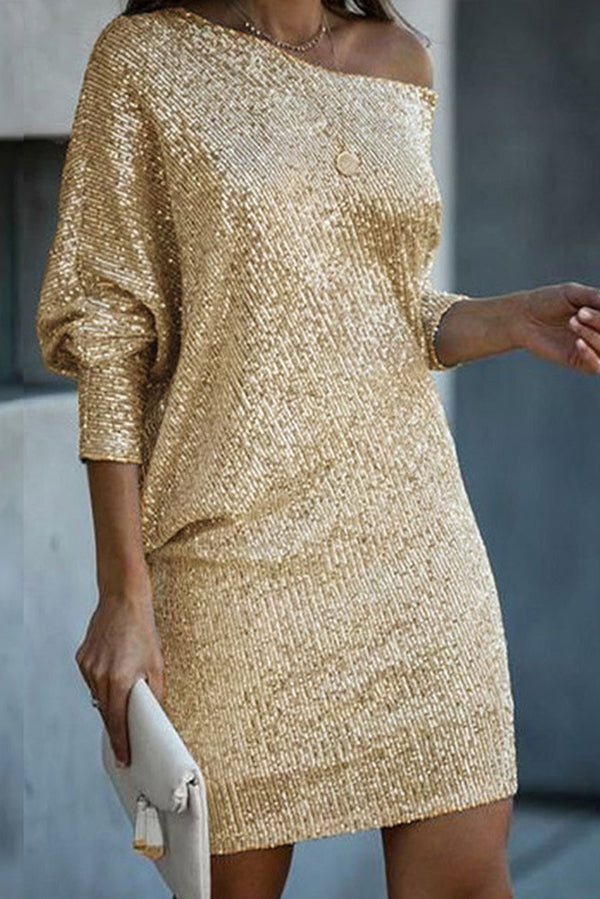 MW | Solid Pailletten Off-shoulder Lose Mini Kleid