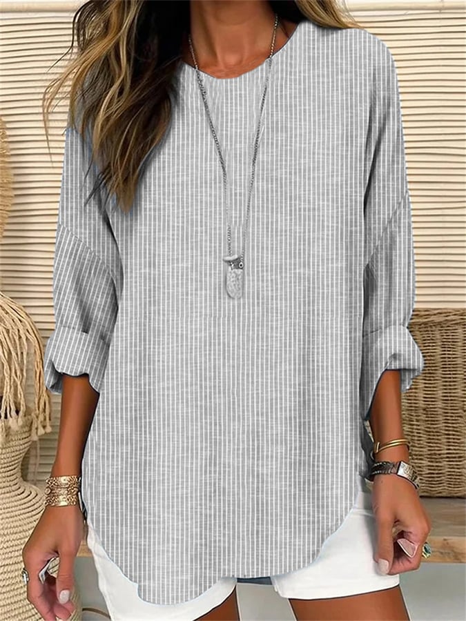 EM | Damen Retro-Gestreiftes Locker Geschnittenes Langarmshirt mit Rundhalsausschnitt