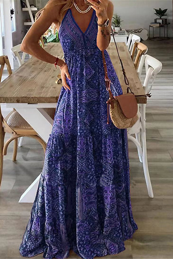 MW | Celeste Boho bedruckte Riemen Maxikleider mit elastischer Taille