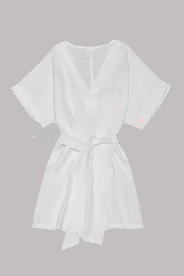 MW | Baumwolle-Leinen-Mischung Taschengürtel Kimono-Minikleid