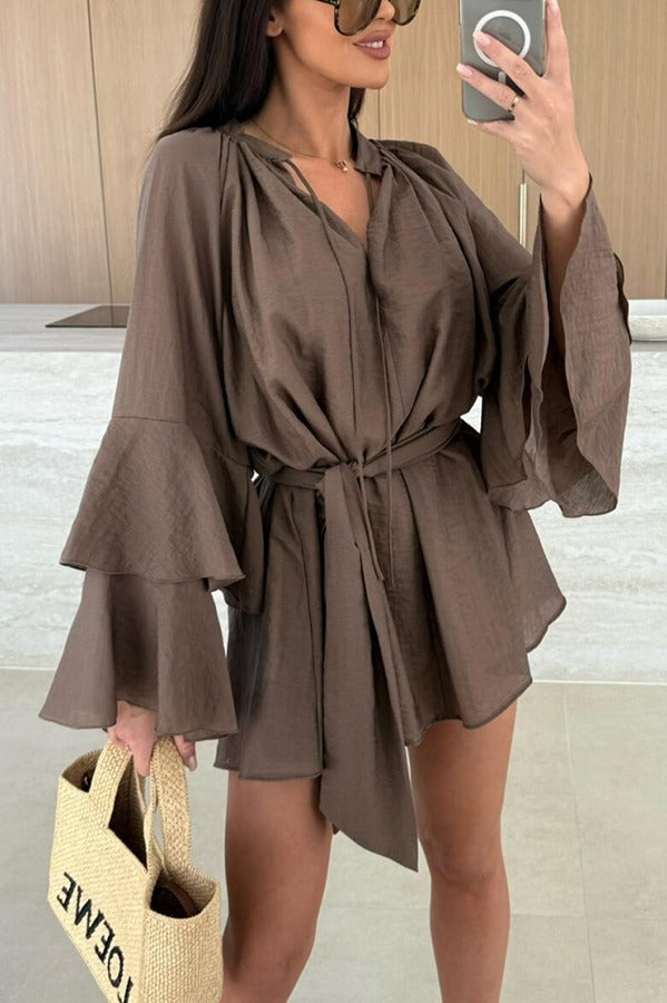 MW | Molly Leinenmischung Tiered Bell Sleeve Tie-up Cover-up Minikleid