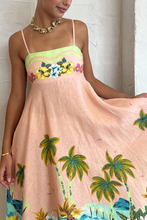 MW | Coconut Scenery Leinenmischung Tropical Print Smocked Back Midi Kleid