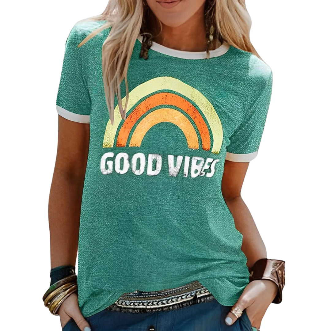 EM | Elegantes Retro-Regenbogen-Good-Vibes-T-Shirt