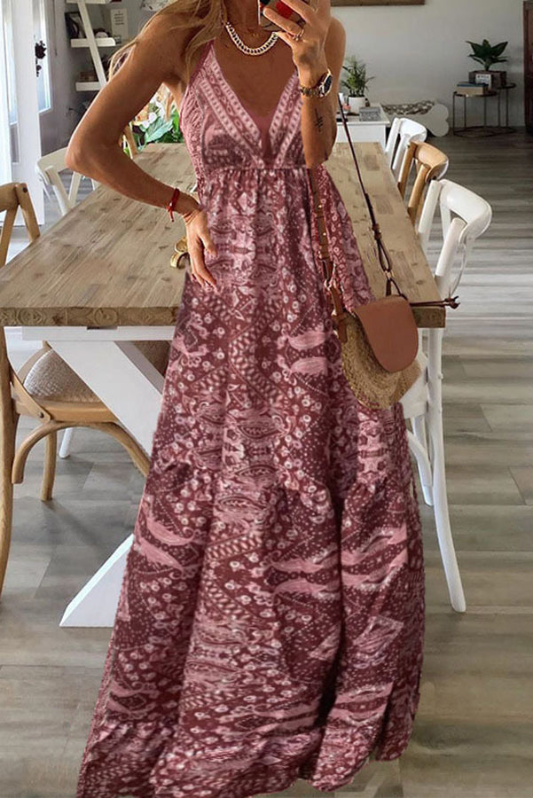 MW | Celeste Boho bedruckte Riemen Maxikleider mit elastischer Taille