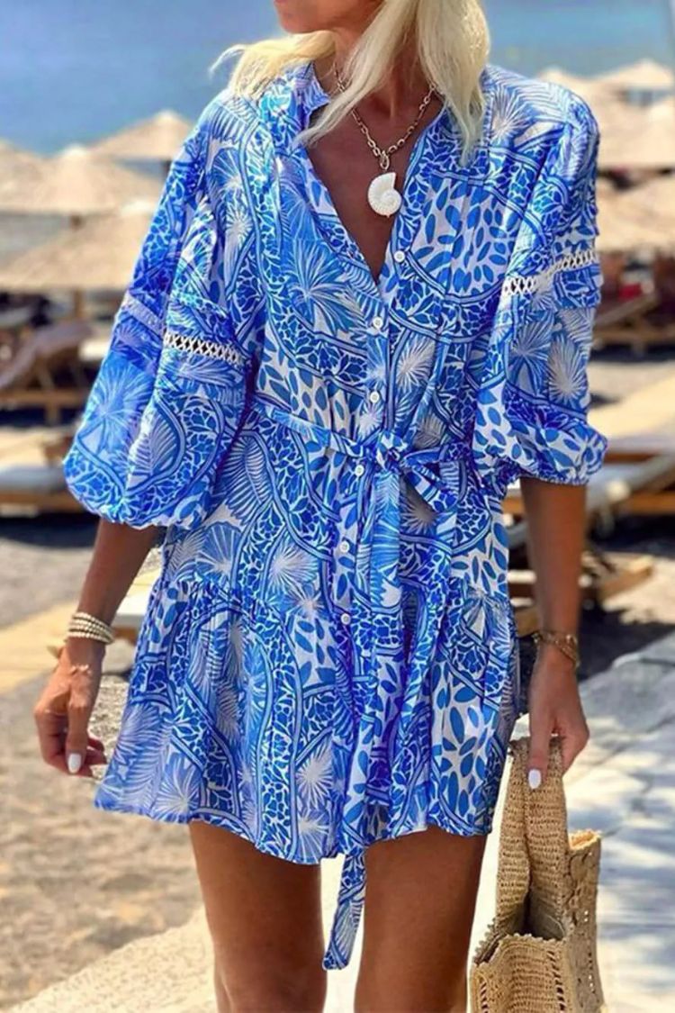 MW | Fashion Stehkragen Shift Bedrucktes Resort Minikleid