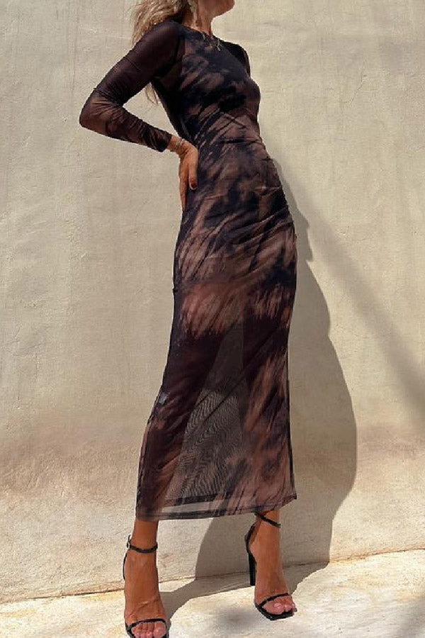 MW | Charm Lady Mesh Overlay Tie Dye Print Langarm geraffte Stretch Midi Kleid
