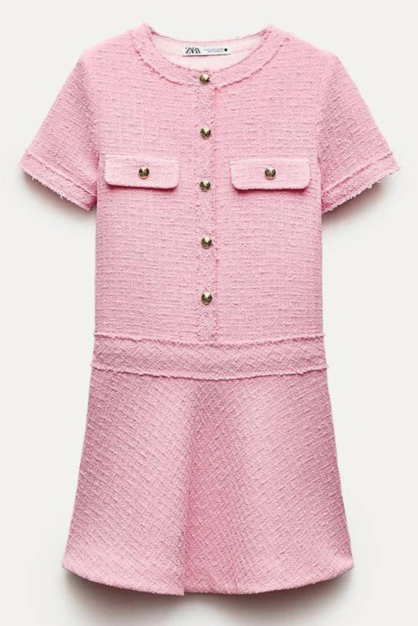 MW | 1960er Jahre London Girl Tweed texturiert Gold Knopf Kurzarm Pocketed Mini Kleid