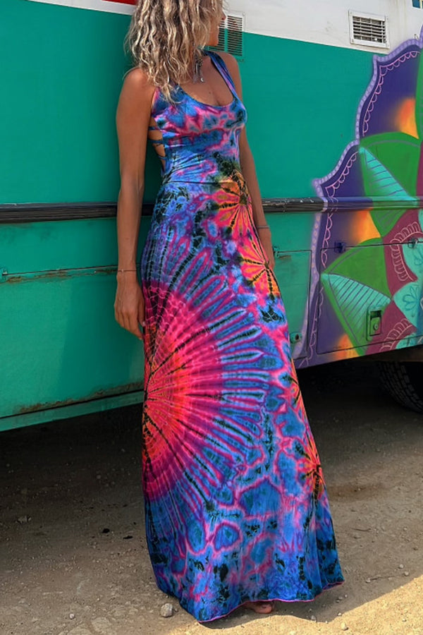 MW | La Bamba Tie-dye Print Rückenschnürung Stretch Maxikleid