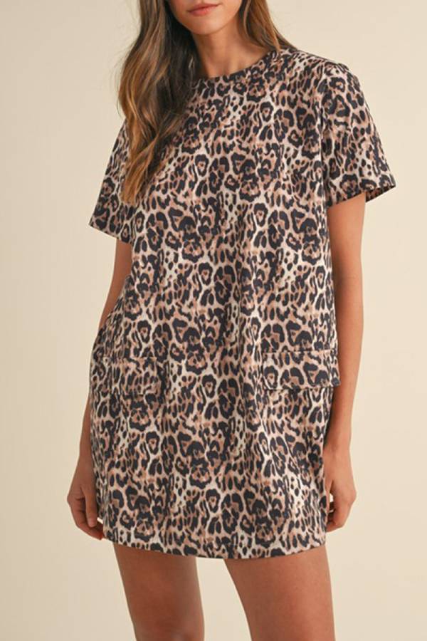 MW | Brown Leopard Print Kurzärmeliges Minikleid mit Tasche