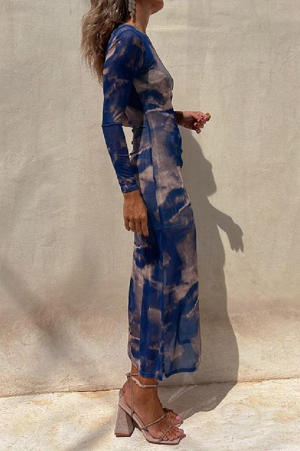 MW | Charm Lady Mesh Overlay Tie Dye Print Langarm geraffte Stretch Midi Kleid