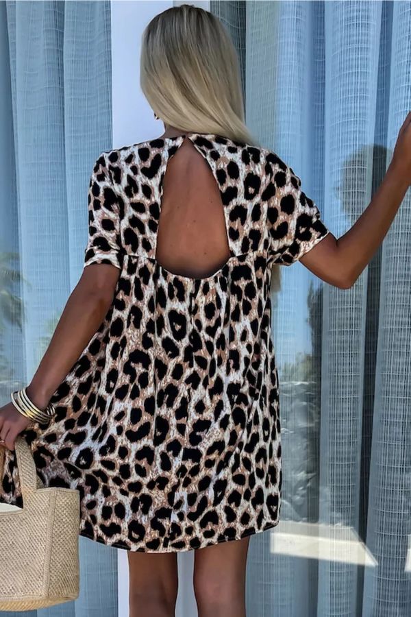 MW | Khaki Leopard Print Rückenfreies V-Neck Minikleid in lockerer Passform