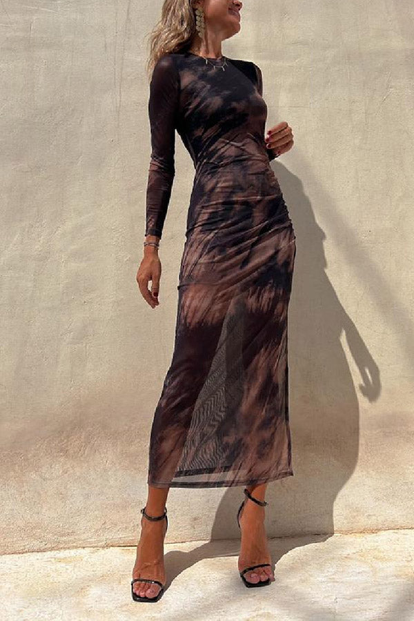 MW | Charm Lady Mesh Overlay Tie Dye Print Langarm geraffte Stretch Midi Kleid