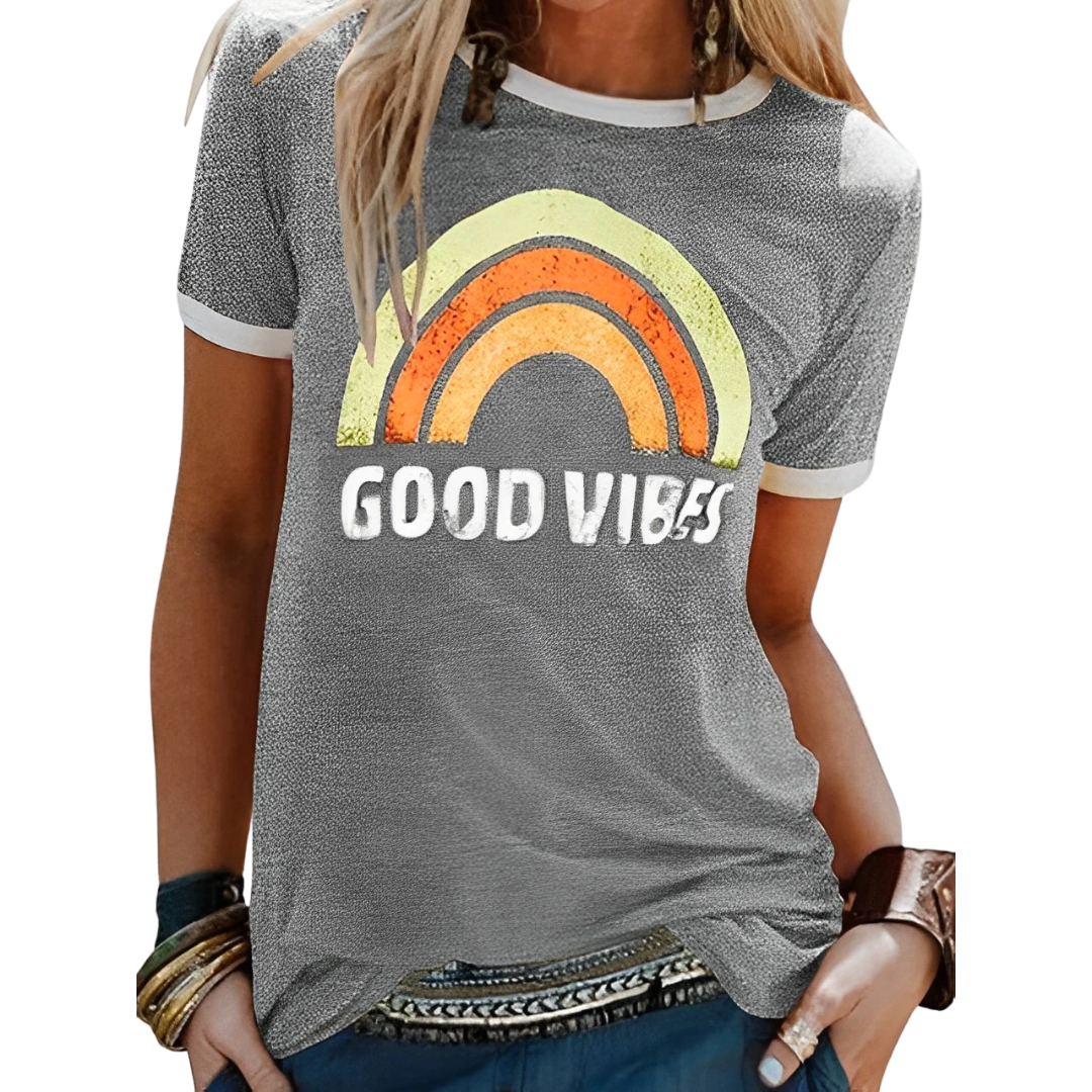 EM | Elegantes Retro-Regenbogen-Good-Vibes-T-Shirt