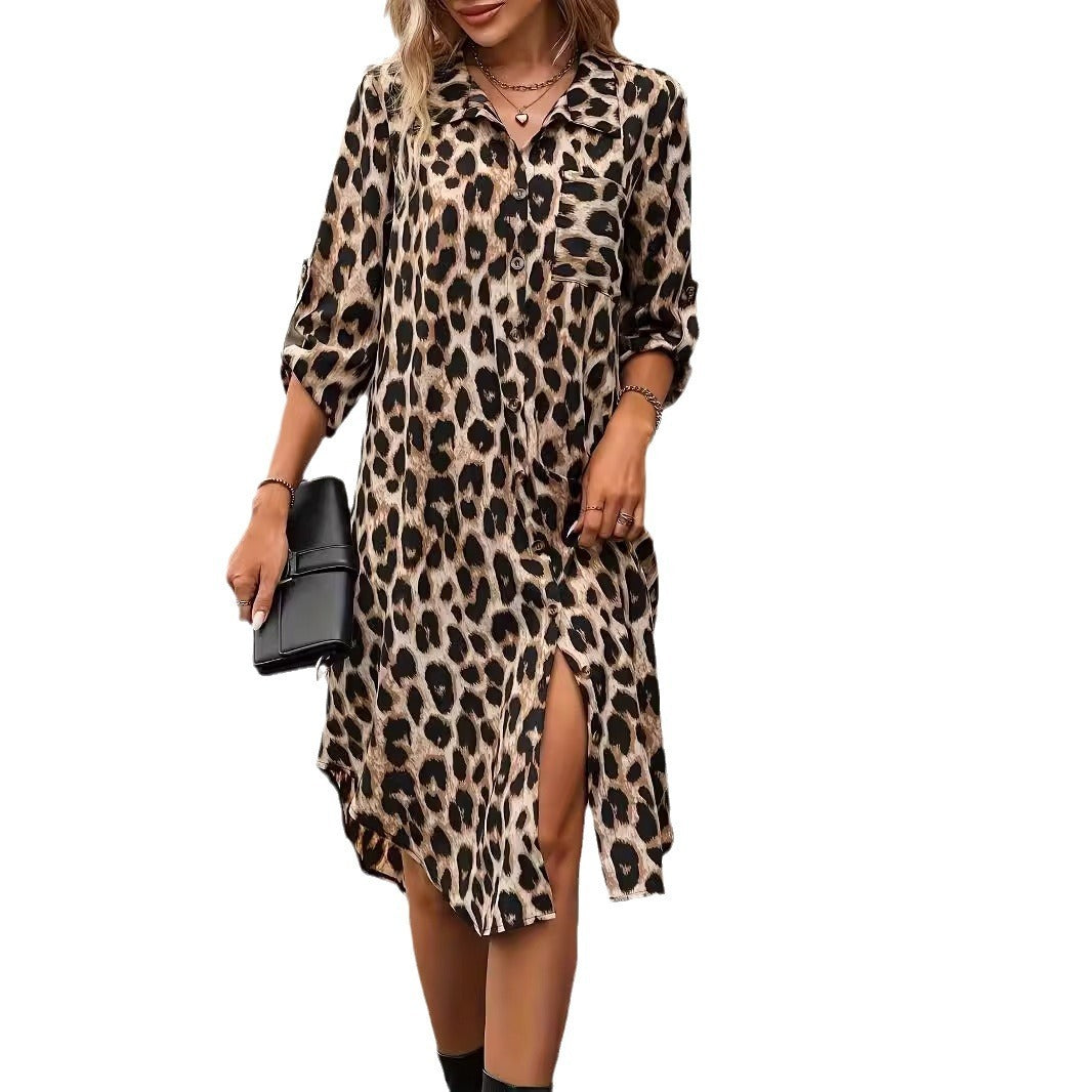 MW | Leopard Print Beach Cover-up V-Ausschnitt Robe Urlaub Bikini Kleid