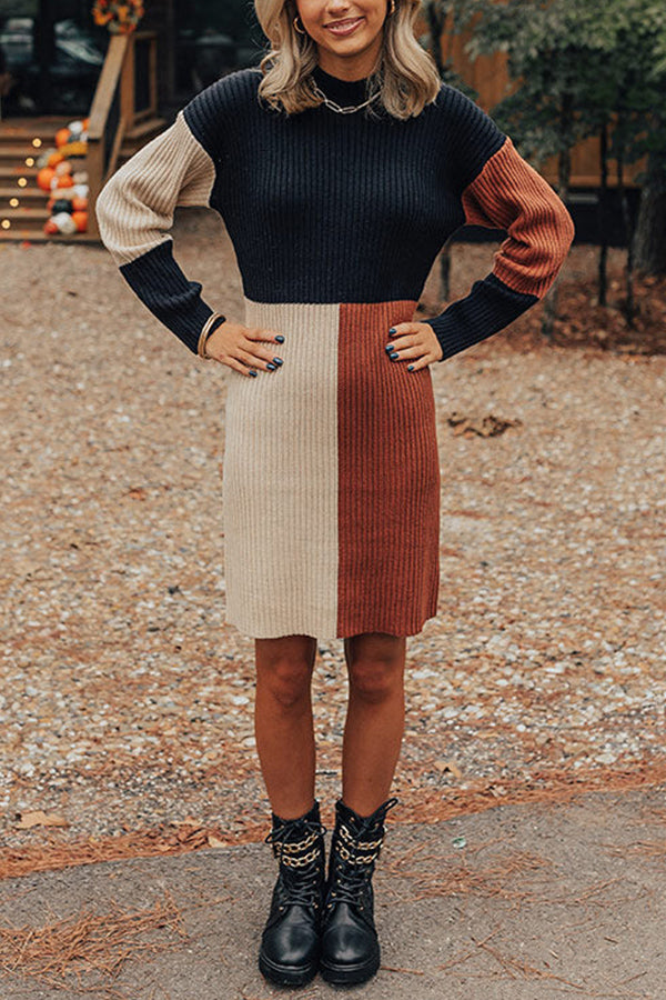 MW | Winter Latte Knit Farbe Block Mock Ausschnitt Pullover Mini Kleid