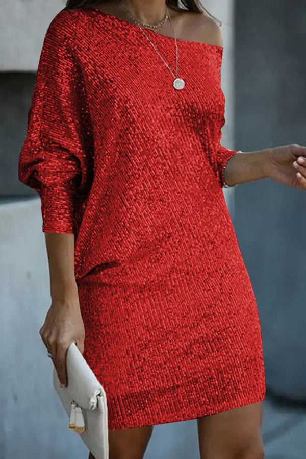 MW | Solid Pailletten Off-shoulder Lose Mini Kleid