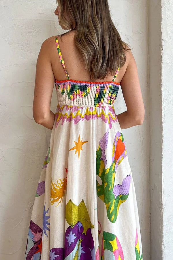 MW | Feel Effortlessly Leinenmischung Einzigartiger Druck Smocked Back Midi Kleid