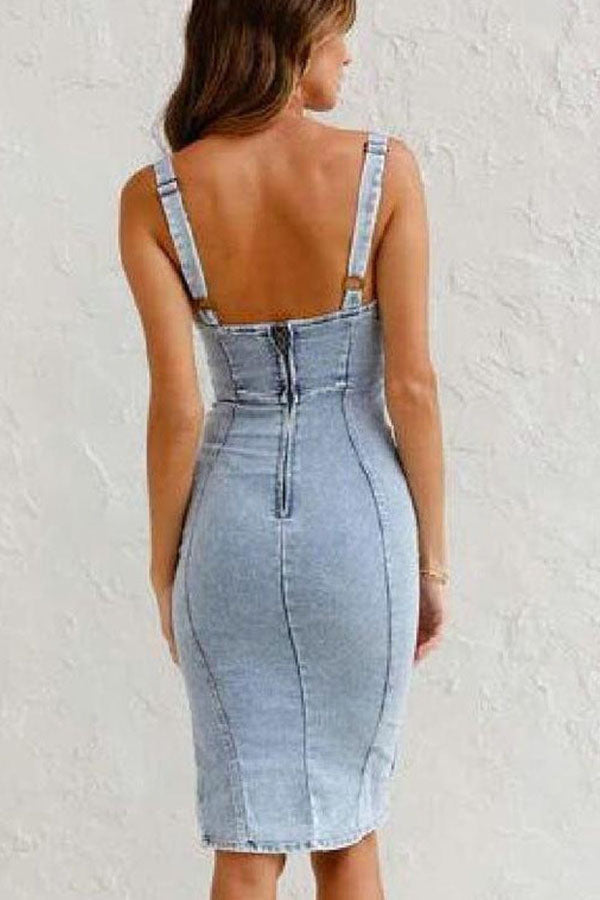 MW | Diese Jahreszeiten Grundnahrungsmittel Denim Verstellbare Riemen Zip-up Firm Stretch Midi-Kleid
