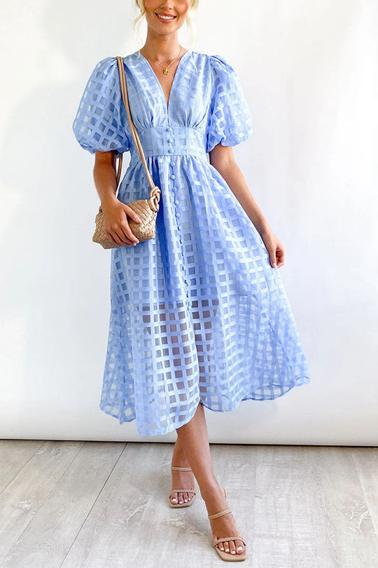 MW | Remarkable Beauty Quadratisch Gemusterter Stoff Puffärmel Party Midi Kleid