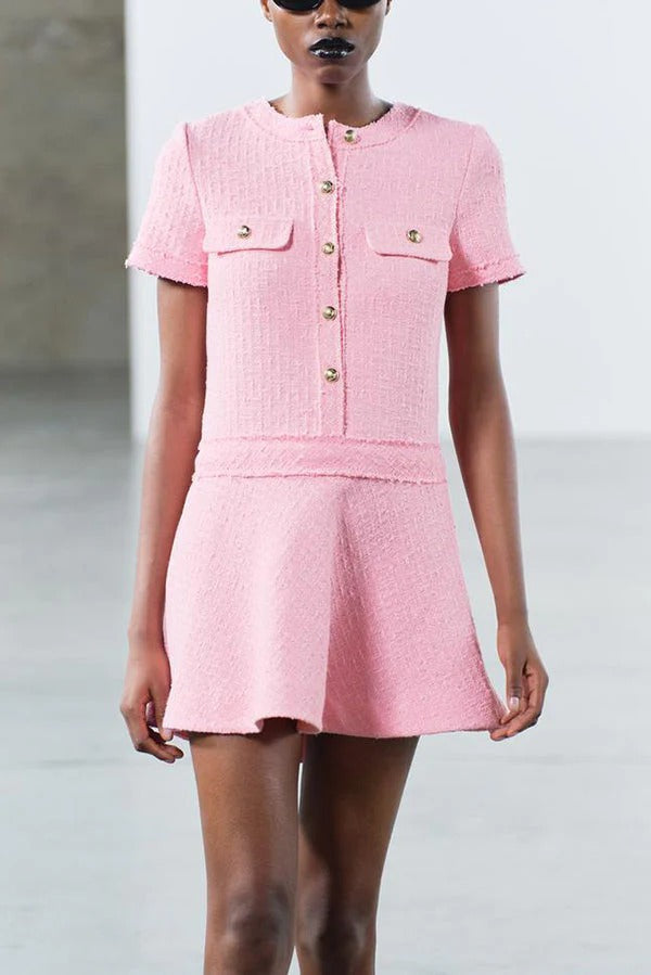 MW | 1960er Jahre London Girl Tweed texturiert Gold Knopf Kurzarm Pocketed Mini Kleid