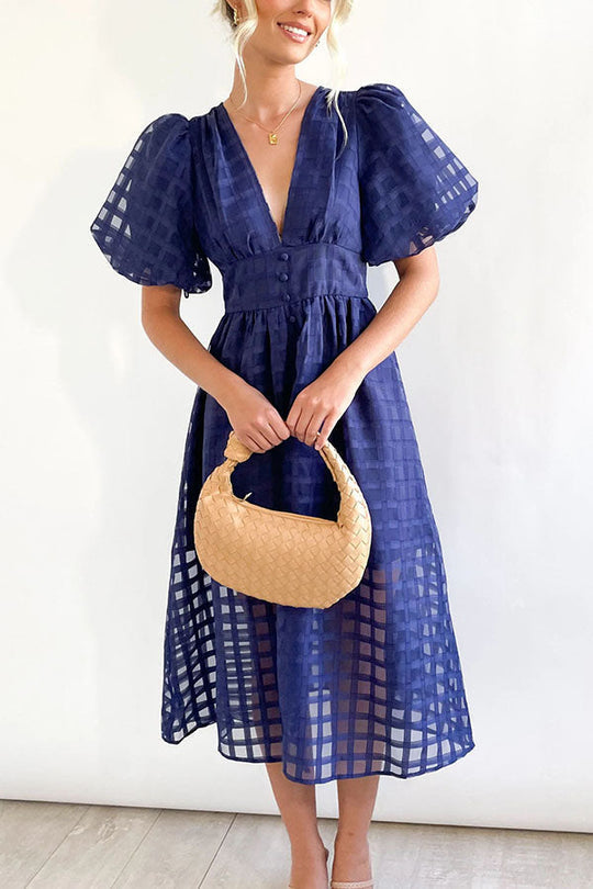 MW | Remarkable Beauty Quadratisch Gemusterter Stoff Puffärmel Party Midi Kleid