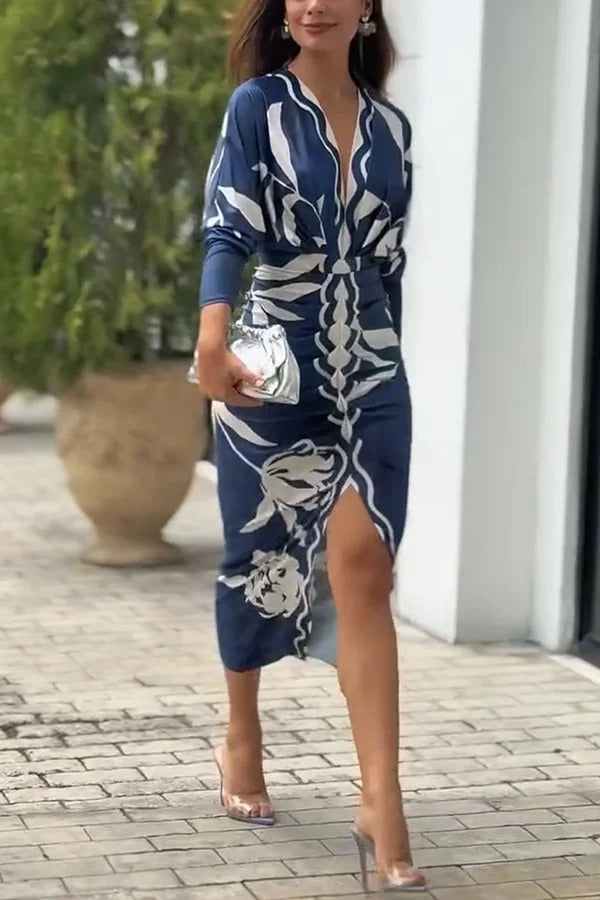 MW | Caliana Einzigartiger Druck Dolman Langarm geraffte Schlitz Midi-Kleid