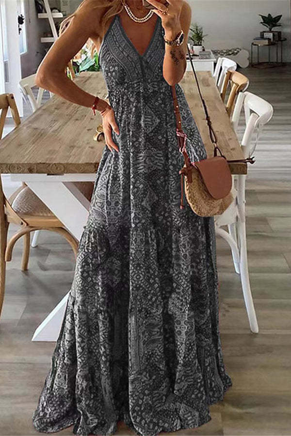 MW | Celeste Boho bedruckte Riemen Maxikleider mit elastischer Taille