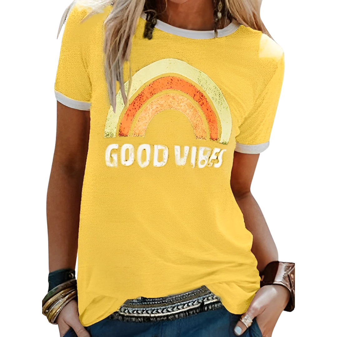 EM | Elegantes Retro-Regenbogen-Good-Vibes-T-Shirt